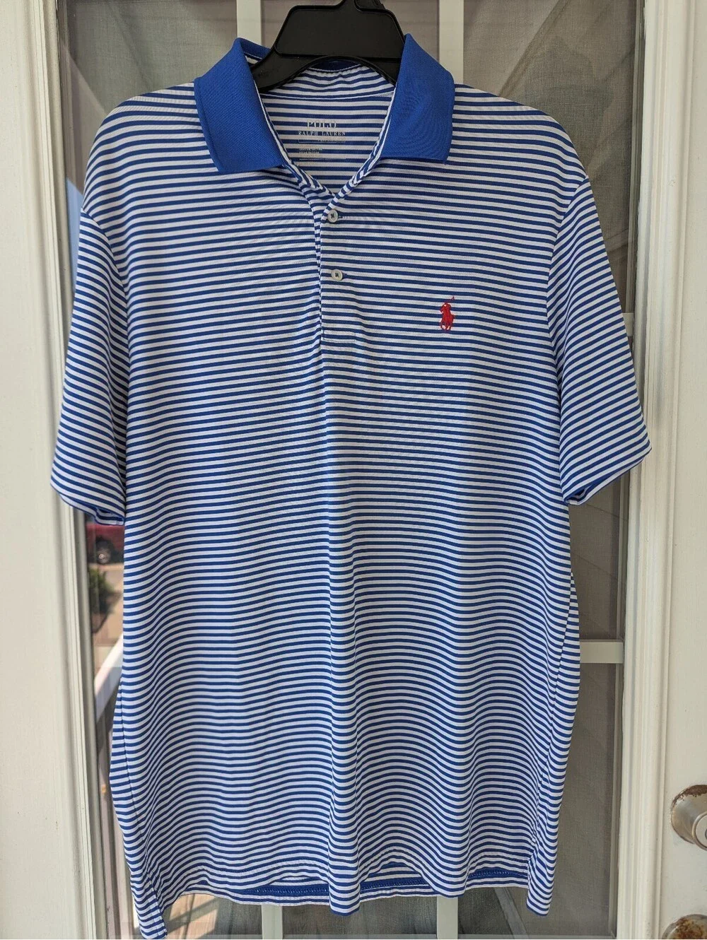 Polo Ralph Lauren Performance Blue Striped Polo Shirt Mens M Red Pony 22x30 Golf
